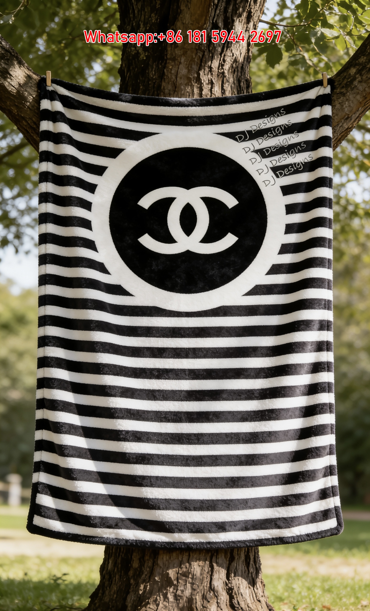 Chanel Black White Stripe CC Logo Flannel Throw Blanket IMG_6646